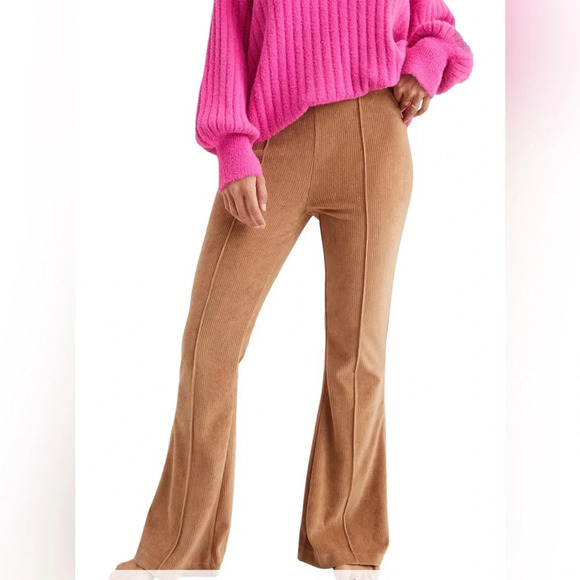 Ladies Aerie Ribbed Flare Elastic Waist Pants, Tan Size Medium - Picture 1 of 6